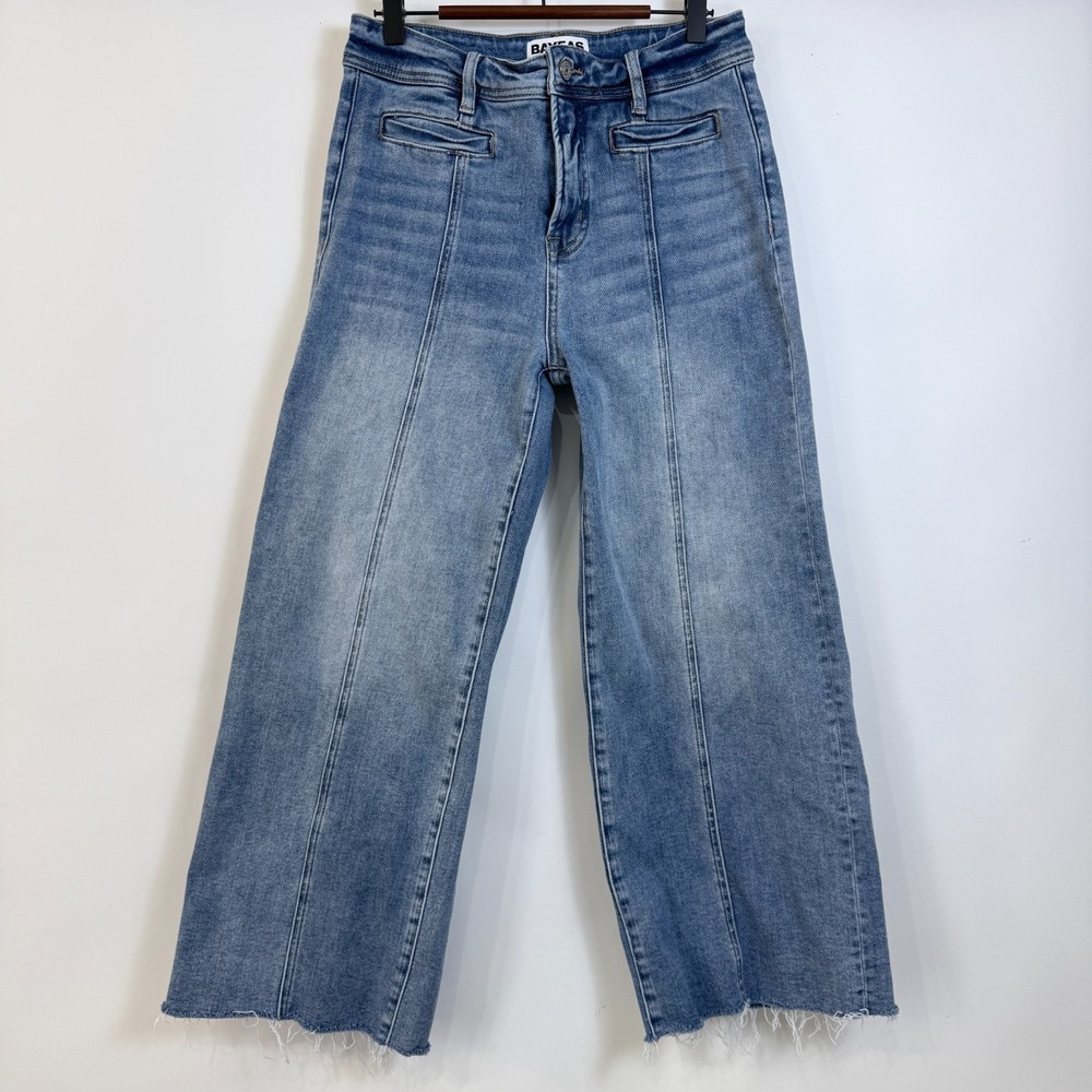 Bayeas Seamed High Waist  Raw Hem Crop Wide Leg Jeans Womens 28 Blue Medium Wash